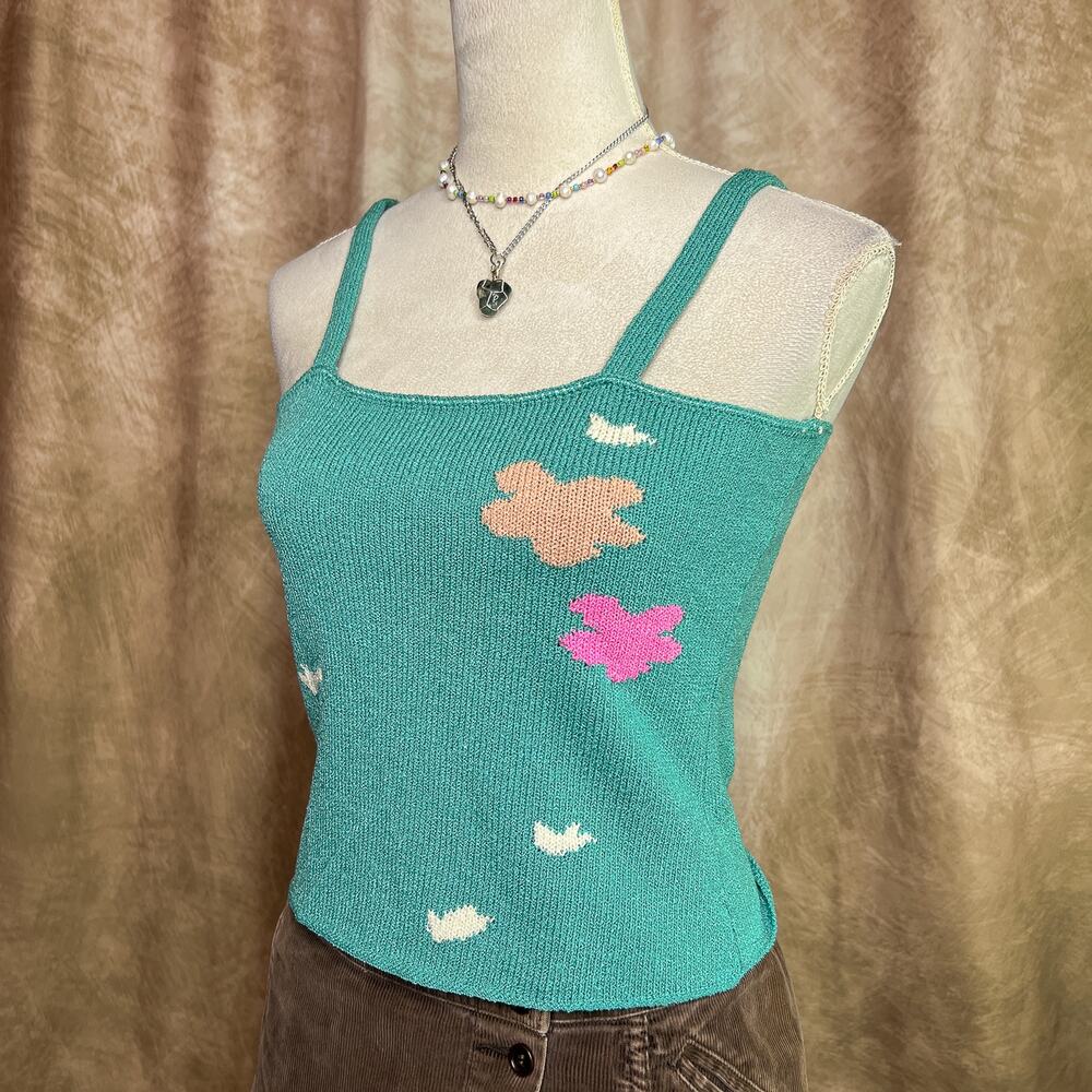 Vintage Knit Tank Top 60s Floral Sleeveless Sweater Clouds Birds Cottagecore Mod